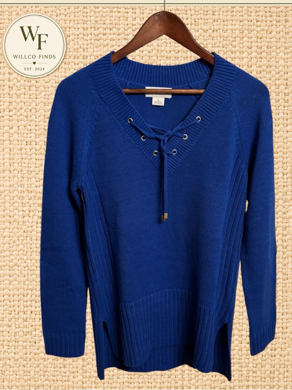Liz Claiborne Women’s S Royal Blue Lace Up V Neck Sweater Cotton Blend